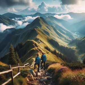 Hikers on a mountain trail, admiring the view