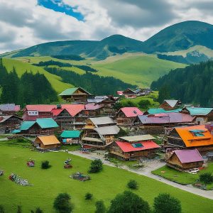 Thriving mountain village surrounded by green slopes