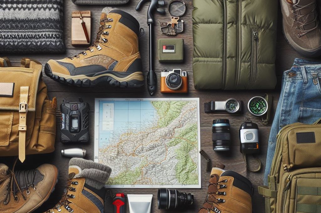 A collection of essential hiking gear for beginners, including boots, a backpack, trekking poles, a water bottle, and a compass, neatly arranged on a surface with a nature-inspired backdrop.