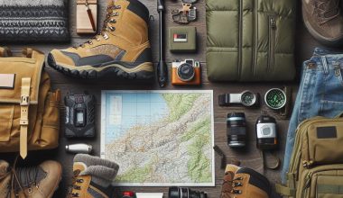 A collection of essential hiking gear for beginners, including boots, a backpack, trekking poles, a water bottle, and a compass, neatly arranged on a surface with a nature-inspired backdrop.