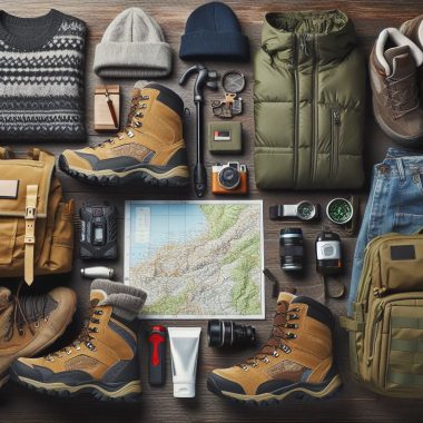 A collection of essential hiking gear for beginners, including boots, a backpack, trekking poles, a water bottle, and a compass, neatly arranged on a surface with a nature-inspired backdrop.