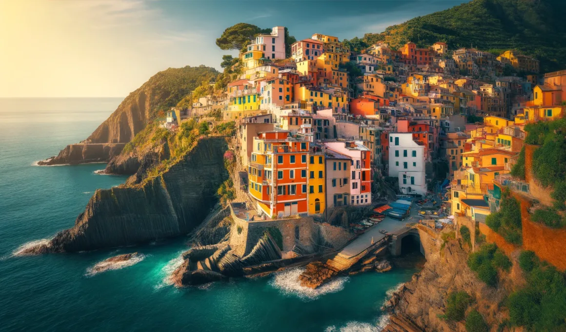 Vibrant, colorful houses of Cinque Terre perched on cliffs overlooking the blue Mediterranean Sea, with lush greenery and a clear sky creating a picturesque coastal scene.