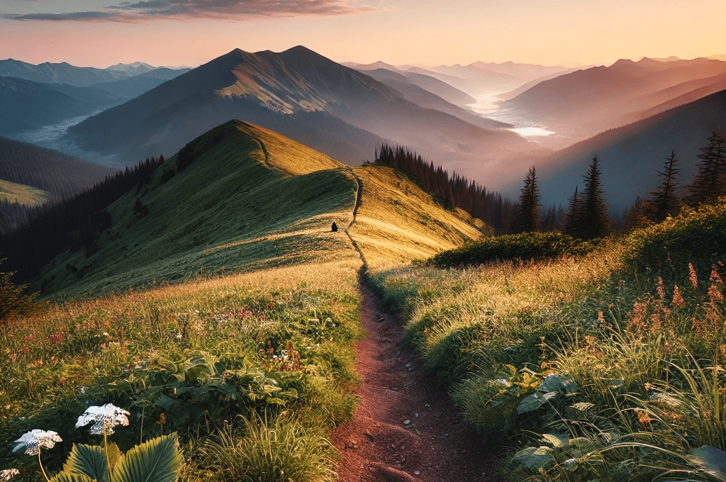 Mountain landscape at sunrise with a well-marked hiking trail, lush greenery, and a distant hiker enjoying the view.