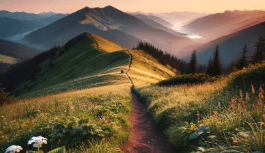 Mountain landscape at sunrise with a well-marked hiking trail, lush greenery, and a distant hiker enjoying the view.