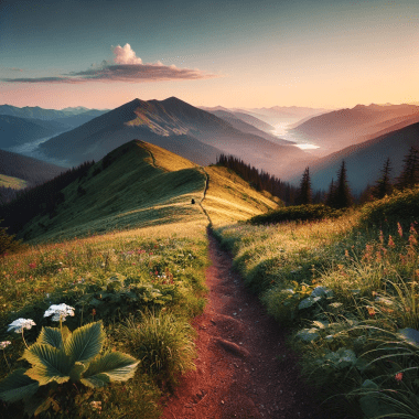 Mountain landscape at sunrise with a well-marked hiking trail, lush greenery, and a distant hiker enjoying the view.