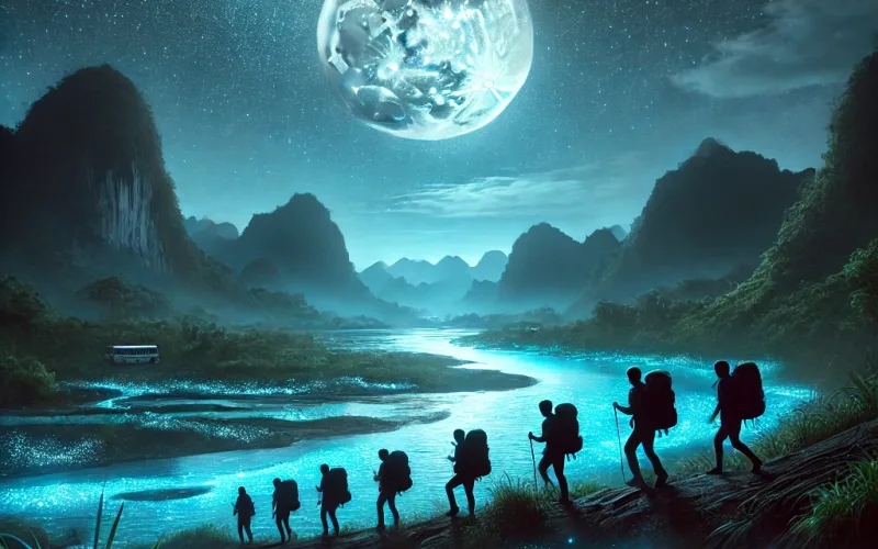 group of hikers trekking under a full moon, surrounded by a star-filled sky and glowing bioluminescent river, creating a magical nocturnal adventure scene